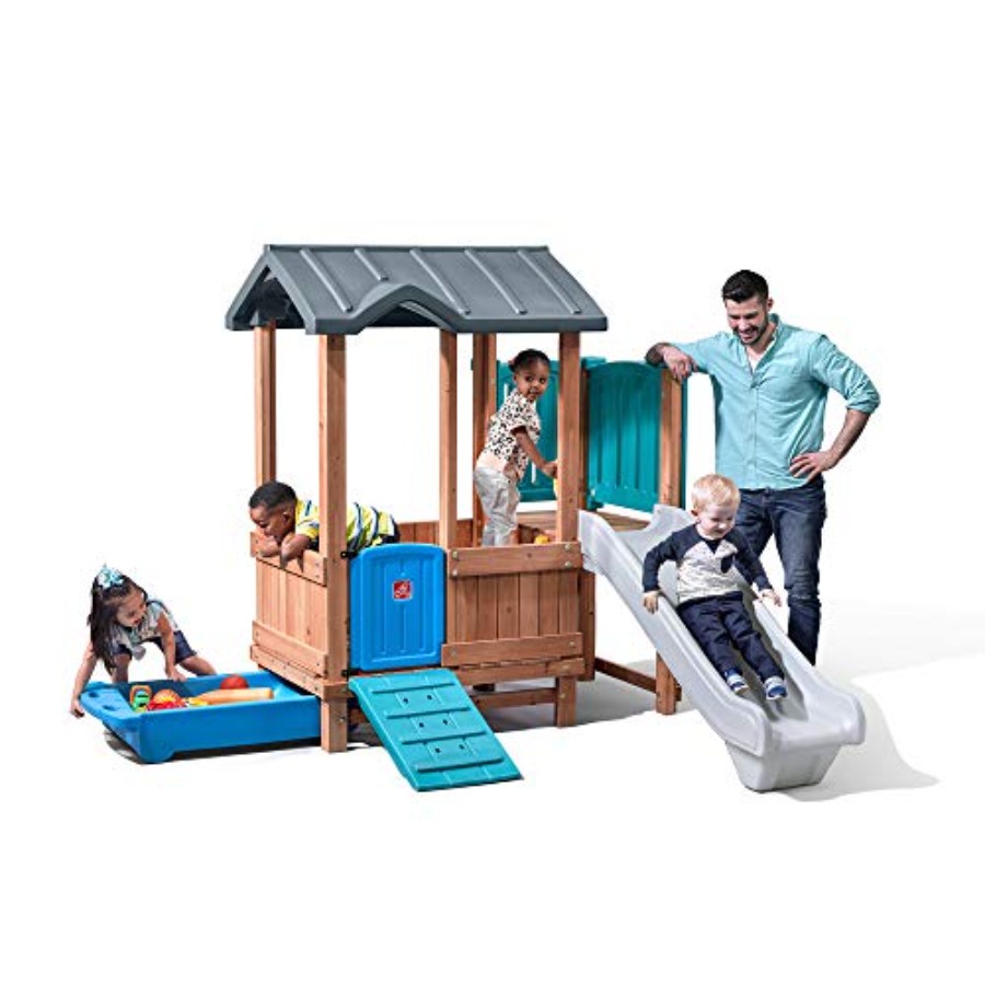 Kids Outdoor Playground - Drewniany domek do zabawy i zjeżdżalnia,